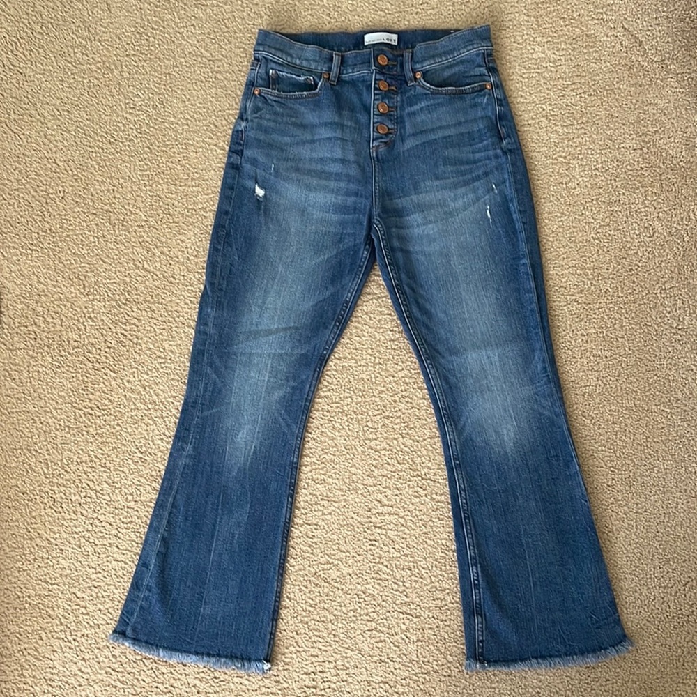 Loft, high waist flare crop, with copper button details.